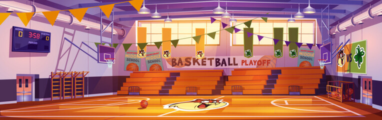 Basketball court interior, school sports arena or hall for playoff team game with hoop, ball, mascot on wooden floor, scoreboard and empty fan sector seats. Indoor stadium Cartoon vector illustration © klyaksun