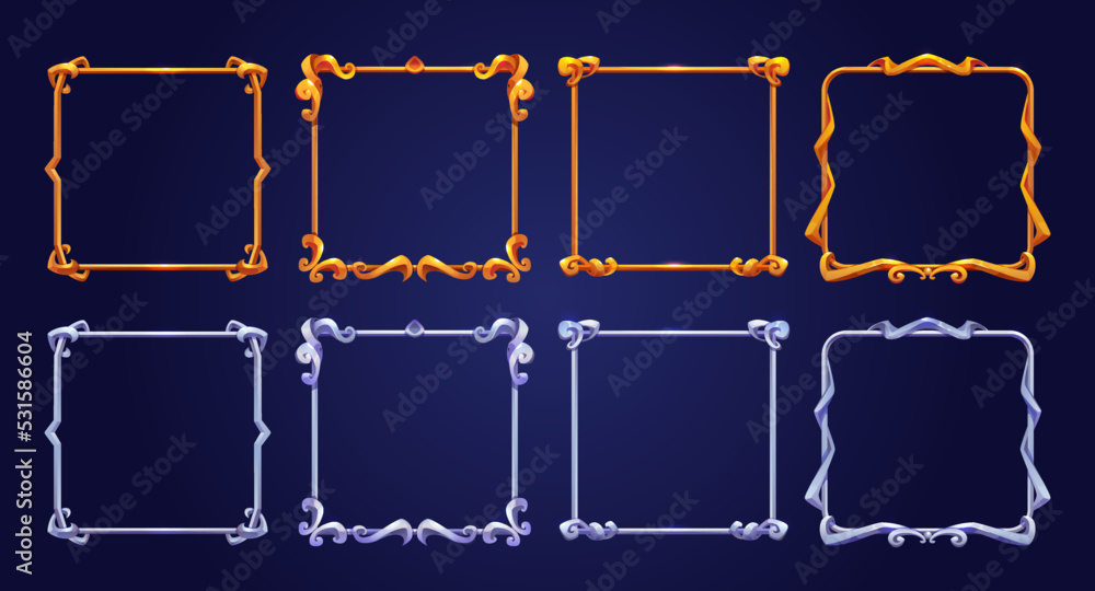 Aufkleber set of square golden and silver ui game frames with cast metal decoration. vector illustration of sh