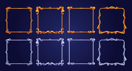 Set of square golden and silver ui game frames with cast metal decoration. Vector illustration of shiny yellow and grey vintage borders isolated on background. Medieval style gui elements bundle