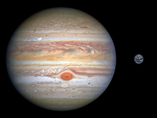 Accurate size comparison of Earth and Jupiter. Planet of Solar System. © Claudio Caridi