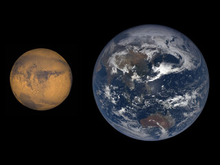 Accurate size comparison of Earth and Mars. Planet of Solar System.