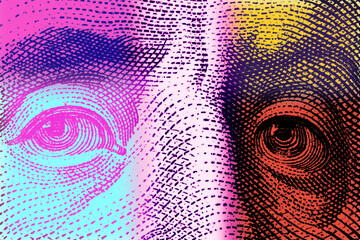 Contemporary artwork close up president banknotes face. Digital texture backdrop. Trendy pop art fun culture. Neural network art poster. Funky punk collage design. Creative concept money illustration.