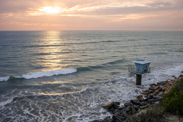 Lifeguard tower on the Pipes beach, Encinitas, California