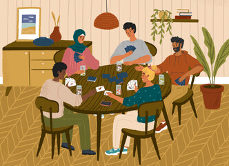 Group of friends playing cards. Table games concept vector posters set. People playing board game at home. Leisure home activities
