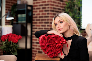 Beautiful thoughtful woman with roses romantic gift, valentines day date. Attractive blonde...