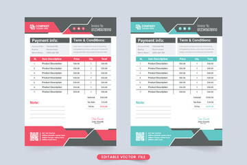 Simple invoice template vector with abstract shapes and product price section. Payment agreement and invoice bill template design with blue and red colors. Print-ready professional business invoice.