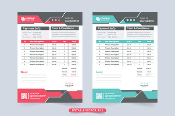 Obraz premium Simple invoice template vector with abstract shapes and product price section. Payment agreement and invoice bill template design with blue and red colors. Print-ready professional business invoice.