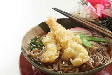 Japanese food, prawn Tempura and soba noodles for new year eve food image