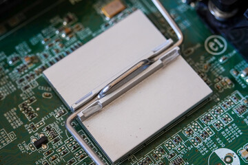 Chipset installed on motherboard. Electronic circuit board with chips
