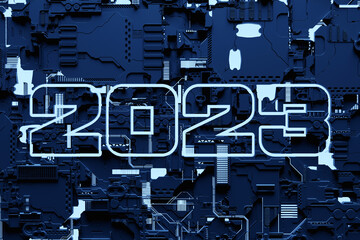 3D illustration Abstract geometric tech pattern with  futuristic tech postcard with the year 2023. Grunge textured wallpaper. Geometric repeating background for a boy, sports textiles, clothes