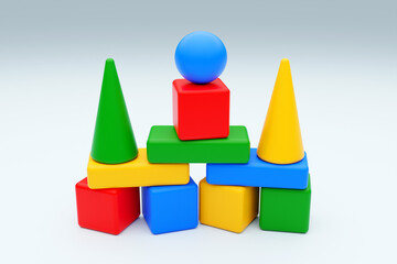 Pyramid built from children's cubes. Toy castle for children's play.  3D illustration.