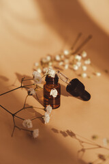 Small bottle of serum on neutral beige background. Trendy shadows. Beauty pipette dropper with...