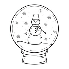 vector illustration of a snowman in a Christmas snow globe. Doodle illustration of a cute snow globe