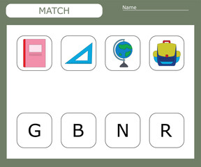 Find the first letter of the school supplies and connect. Educational game for children.

