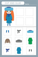 Educational game for a child: choose the clothes the girl is wearing from all the options, cut and glue