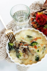 Homemade Japanese oyster and broccoli gratin for winter comfort food