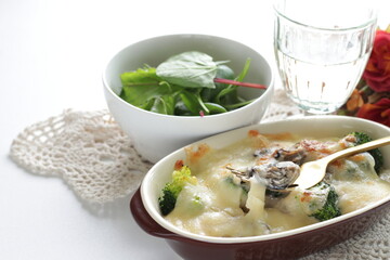 Homemade Japanese oyster and broccoli gratin for winter comfort food