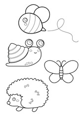Cute Porcupine Butterfly Snail Bee Insects Animal Woodland Forest Coloring Pages A4 for Kids and Adult