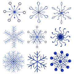 Set of Blue Hand Drawn Snowflake Isolated on White Background. Flakes Collection Drawn by Color Pencil. Winter Snow Symbol. Design elements for Christmas, New Year, card and other.