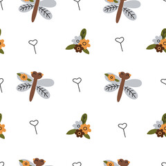 Seamless pattern on a white background with flower arrangements and dragonflies. Boho style. Vector illustration for your design.