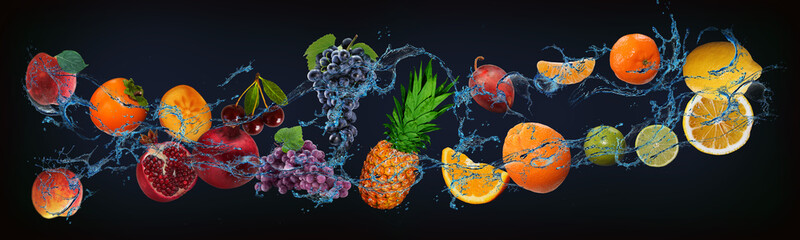 Panorama with fresh fruits in water - lemon, lime, tangerine, orange, plum, pineapple, grapes,...