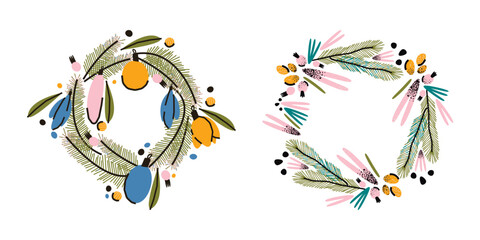 Cute Christmas wreaths with toys and berries. New Year illustration
