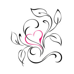 hearts 90. stylized pink heart with leaves and swirls. graphic decor