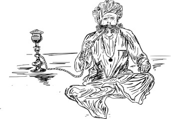 Cartoon doodle illustration of rajasthani man holding hookah, old man with hookah sketch drawing, 
