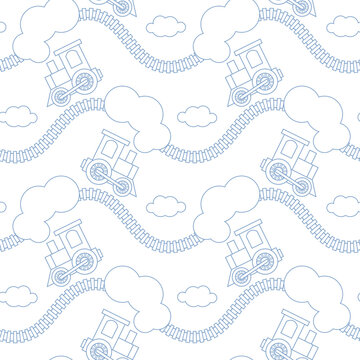 Vector seamless pattern with cartoon train and railroad in clouds. Kids carpet in children room with cute locomotives. 