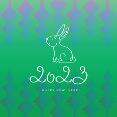 Happy New Year 2023 text design. Cover of business diary for 2023 with wishes. Symbol of the year - rabbit. Brochure design template, card, banner. Isolated on colorful background.