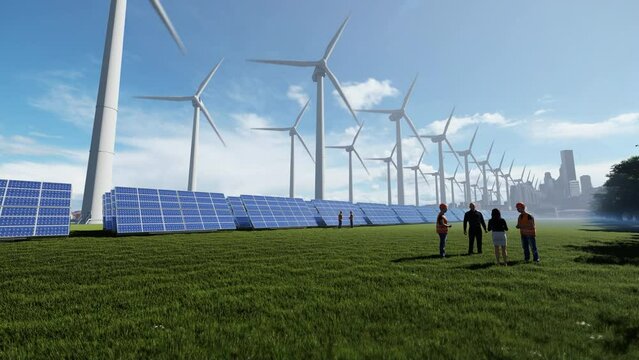 Green city, wind turbines and solar panels, maintenance workers and investors meeting, 4K