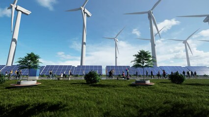 Happy people in the park with wind turbines and solar panels in the background, 4K