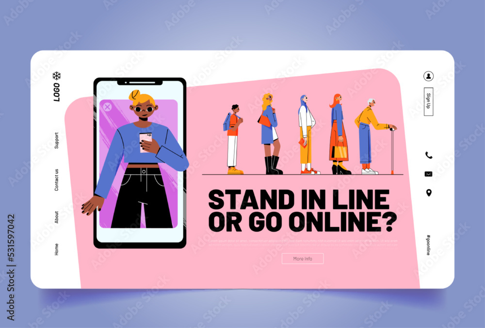 Poster virtual shopping and services vs offline. stand in line or go online web banner. people queue waitin