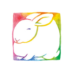 虹色のスタンプ風うさぎのイラスト