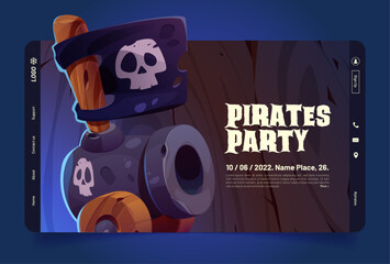 Pirates party landing page template. Cartoon vector illustration of old cannon with black jack flag on top. Themed costume event, masquerade promotion website. Horizontal design for mobile gadget