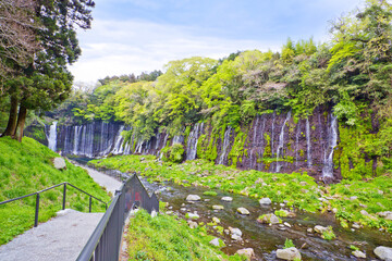 Shiraito waterfall and Fuji Mountain in Shizuoka, Chubu, Japan.