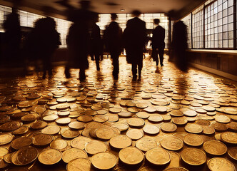 Blurred businessmen in stock exchange, gold coins on the floor.