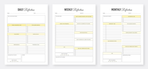 Daily, Weekly, Monthly, Reflection Planner Template Set. Daily, weekly, monthly planner template. Minimalist planner pages templates. Daily, weekly, monthly review tracker. - obrazy, fototapety, plakaty