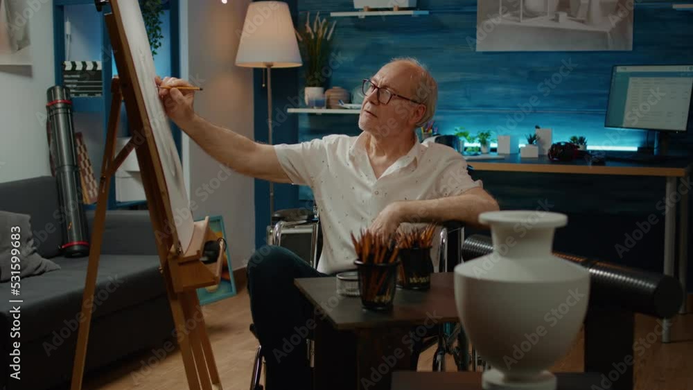 Aufkleber old man with physical disability using artistic tools to draw vase design at home, having imaginatio