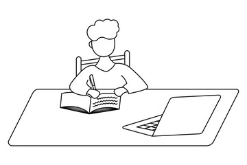 The schoolboy does homework using a laptop. Sketch. The boy sits at the table and writes in a notebook with a pen. Vector illustration. Coloring book for children. Doodle style. 