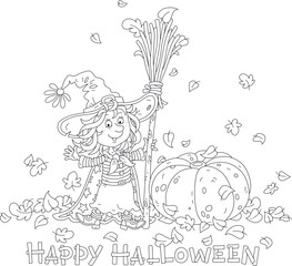 Happy little Halloween witch with her big hat, a magical flying broom and a large pumpkin among autumn leaves whirling around, black and white vector cartoon greeting card