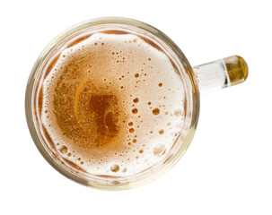 Mug of light beer top view isolated on white background, macro, lager beer, pils, pilsner
