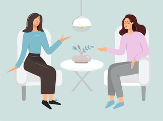 A female psychologist conducts an individual consultation with her patient. A depressed girl needs the help of a psychotherapist. The concept of support in a difficult life situation flat vector style