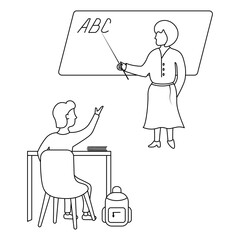 A schoolboy raises his hand to answer the teacher's question. Sketch. A woman points with a pointer at the letters ABC written on the blackboard. Vector illustration. Next to the boy is a textbook 