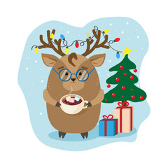 cute Christmas winter illustration of a deer with a Christmas garland on its horns, a Christmas tree with gifts. it's snowing. postcard sticker pattern
