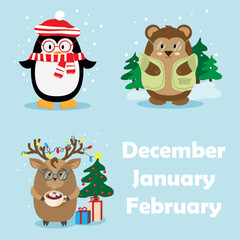 cute Christmas winter illustration of a deer with a Christmas garland on its horns, a Christmas tree with gifts. teddy bear and penguin in warm clothes. December January February. winter months .it's 