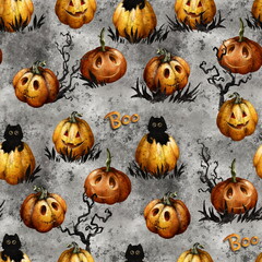 Happy Halloween. Seamless pattern with cute pumpkins and black cat - 531600628