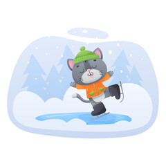 Skating cute gray kitty in ginger jacket with green cap, black skates on ice rink and trees on background. Vector illustration for postcard, banner, web, design, arts, winter calendar.