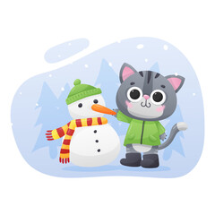 Cute gray kitty in green jacket with snowman in red-yellow scarf, green cap, carrot and trees on background. Vector illustration for postcard, banner, web, design, arts, winter calendar.