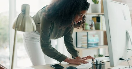 Call center office, woman typing email and consulting at telemarketing company, help to people online on computer and working at crm startup agency. Customer service employee giving support on web